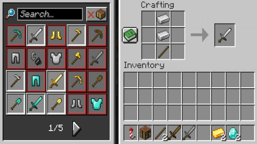 Crafting recipe for iron sword.