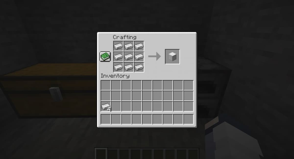 The crafting recipe for a block of iron.