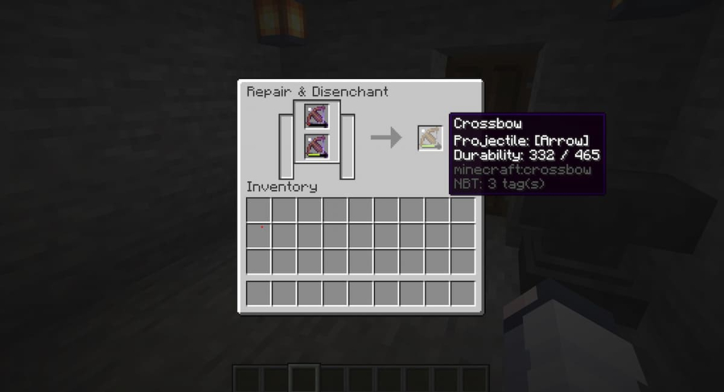 Placing two of the same enchanted item into a Grindstone produces one of the same item with the combined durability of both enchanted items.