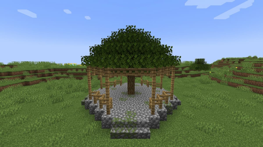 A complete oak gazebo with a more structured tree.