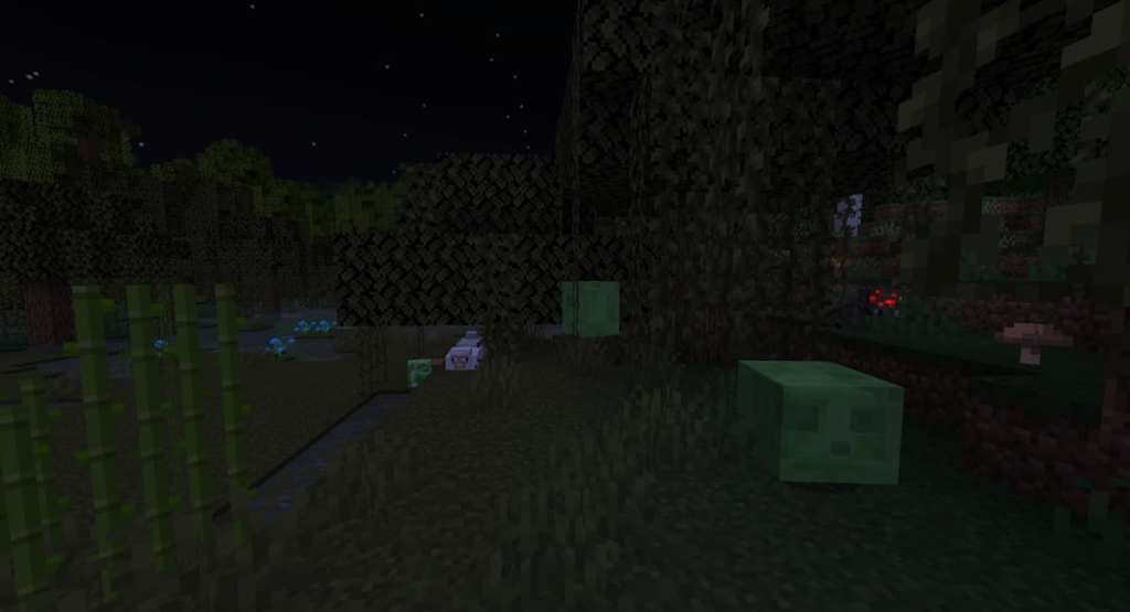 Naturally-spawning Slimes in a Swamp biome.