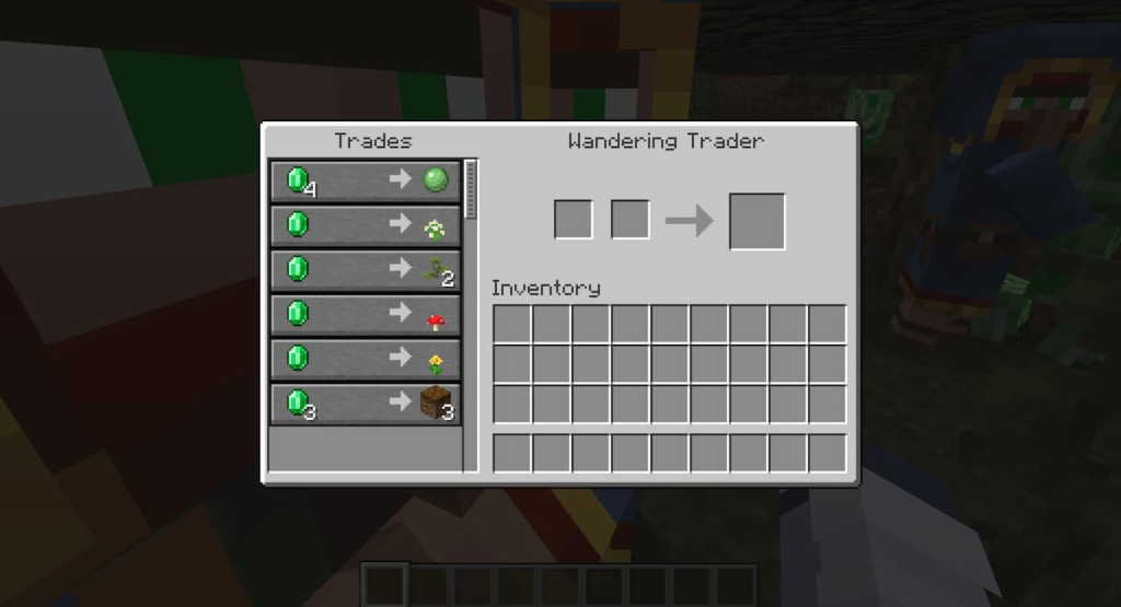 A Wandering Trader selling one Slimeball for four Emeralds.