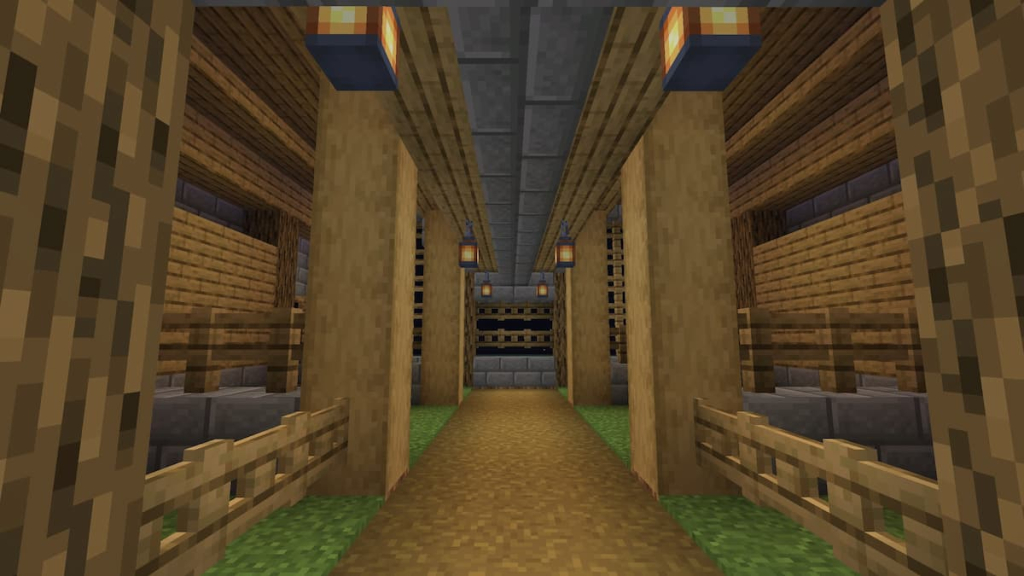 Adding lanterns to a horse stable in Minecraft.