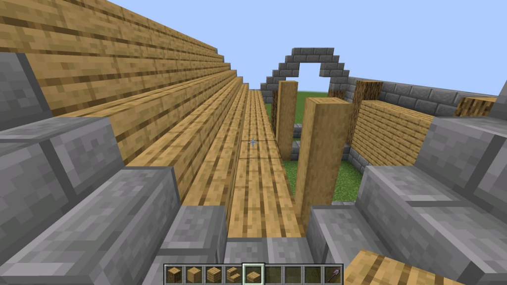 Step 27 of the Minecraft horse stable's roof.